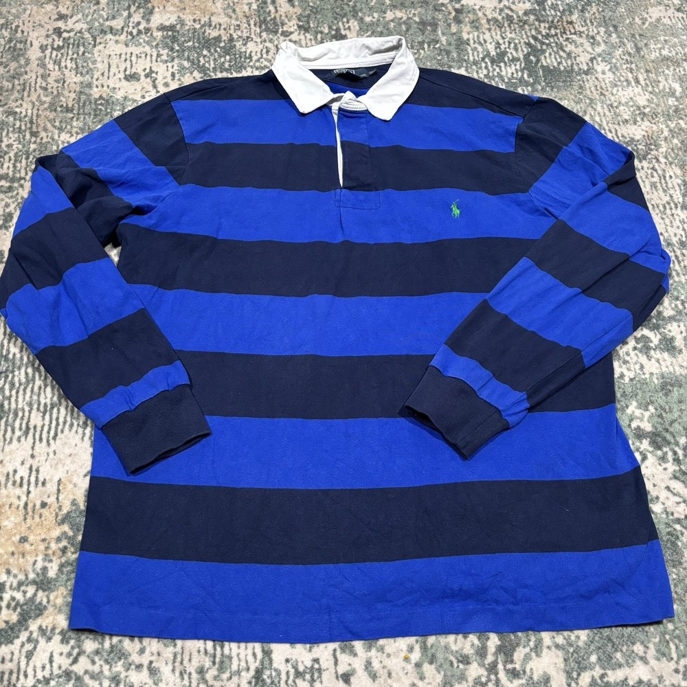 Vintage 90s Polo Ralph Lauren Rugby Shirt Mens 2XLT Blue Navy Striped Long Sleev